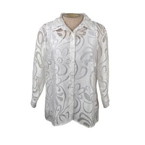 Elementz Womens White Burnout Floral Sheer Button Down Blouse with Tank Set M